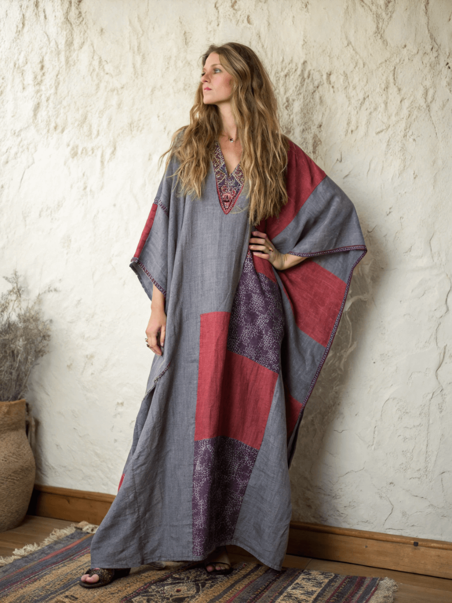 Linen Printed Kaftan Maxi Dress
