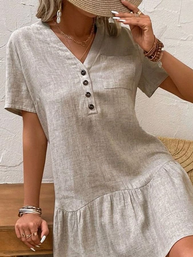 Women's Casual Solid Color V-Neck Short Sleeve Button Stitching Ruffle Dress