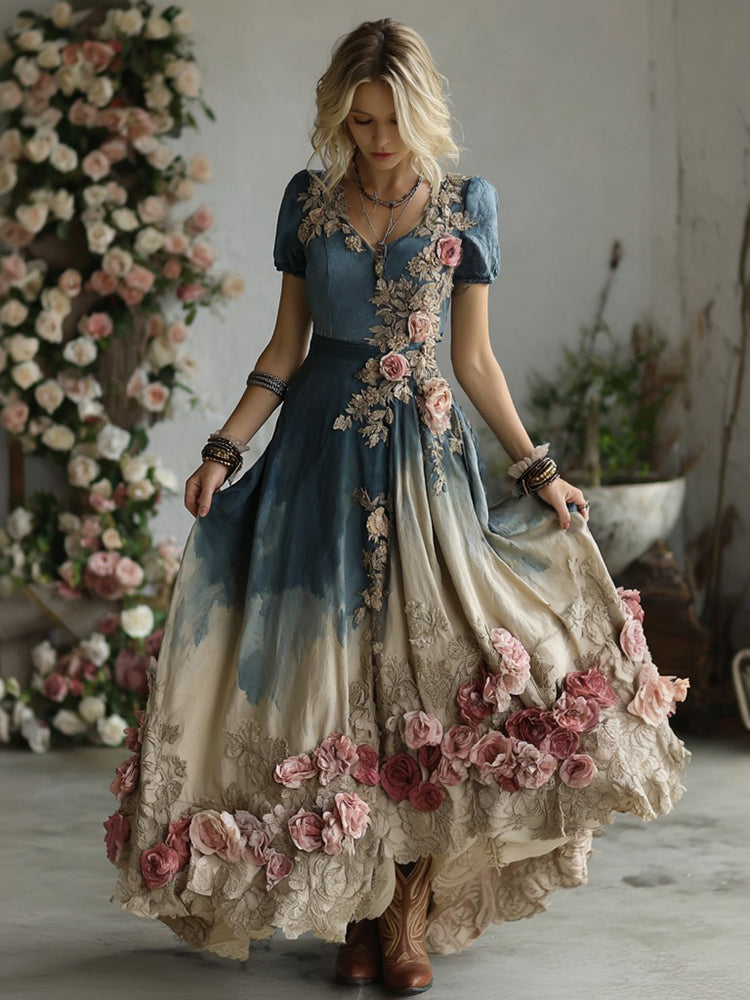 Women's Bohemian Pink Rose Patchwork Art V-neck Short Sleeve Maxi Dress