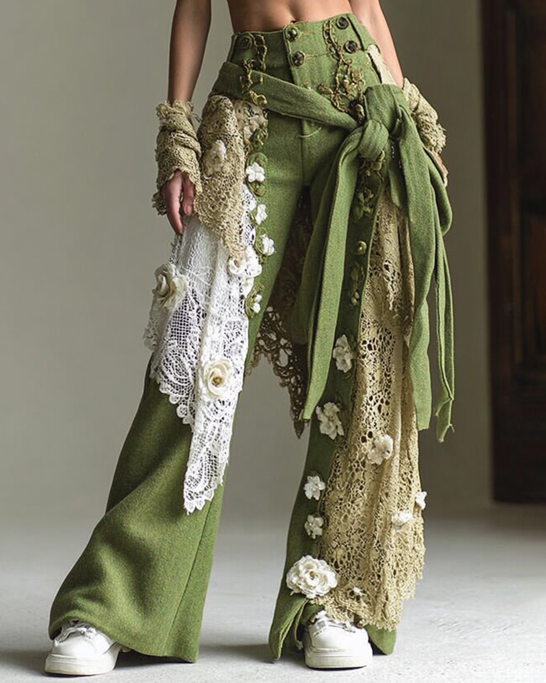 Women's Spring Floral Embroidered Lace Patchwork Design Trousers 1802