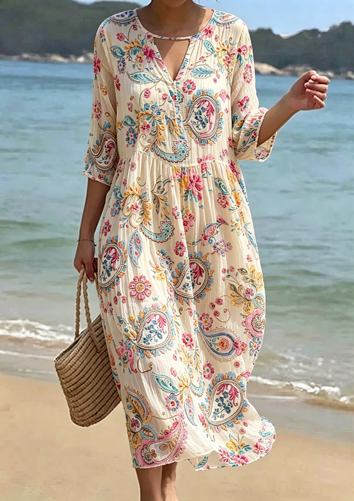 Women's Floral Embroidered Smocked Waist Midi Dress