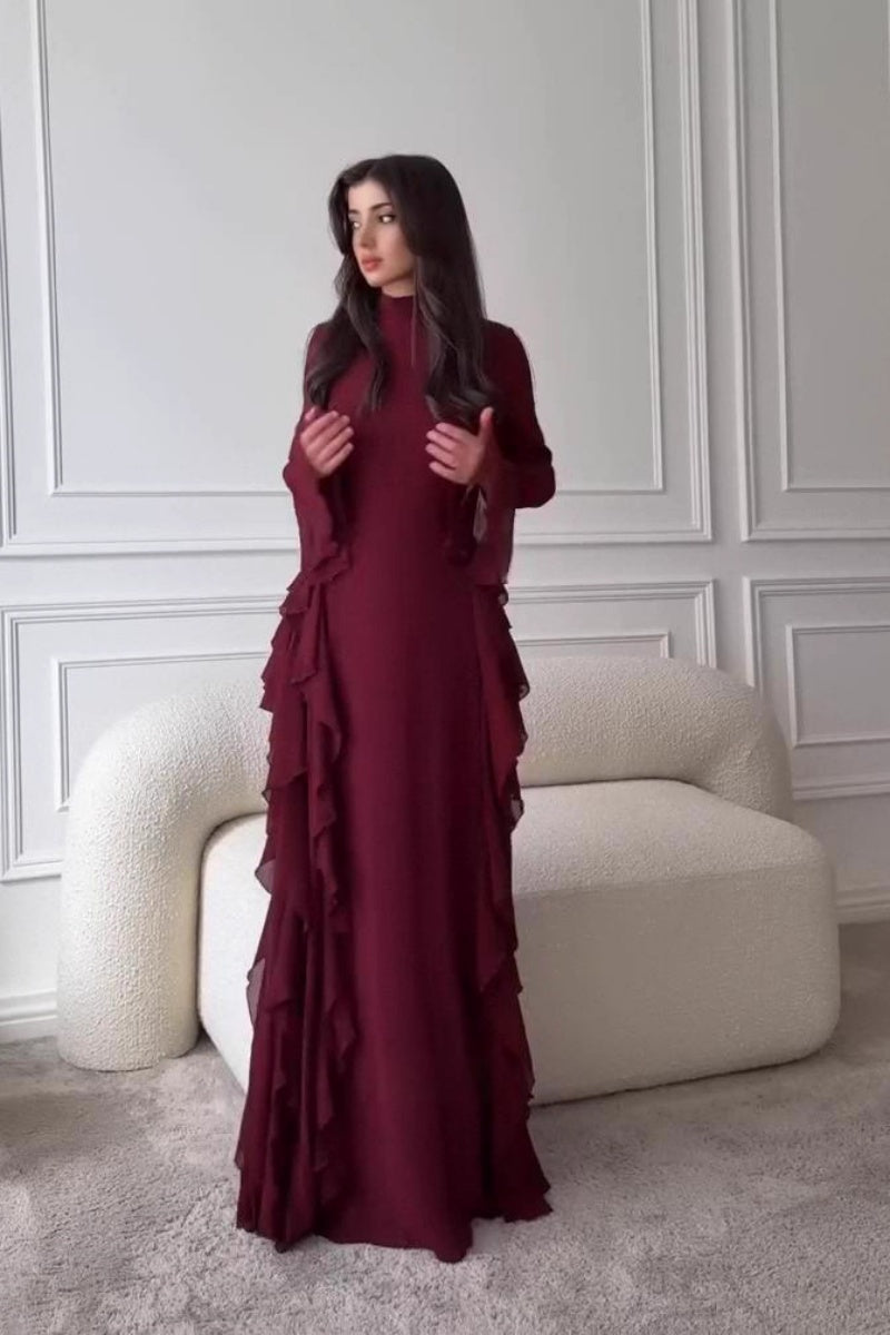 Elegant Crew Neck Long-Sleeve Maxi Dress with Ruffled Details & Flared Bell Sleeves