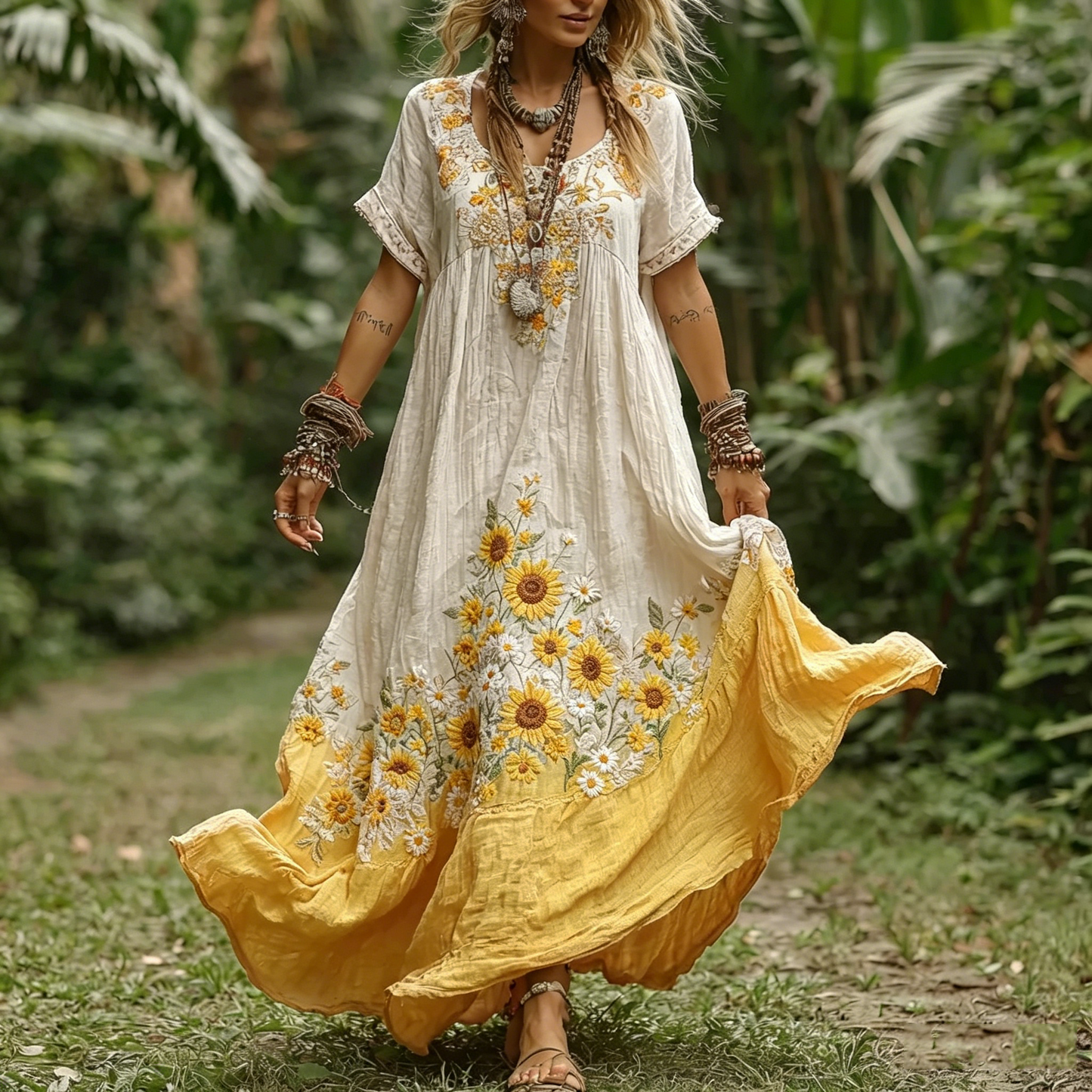 Women's Sunflower Embroidered Boho Maxi Dress