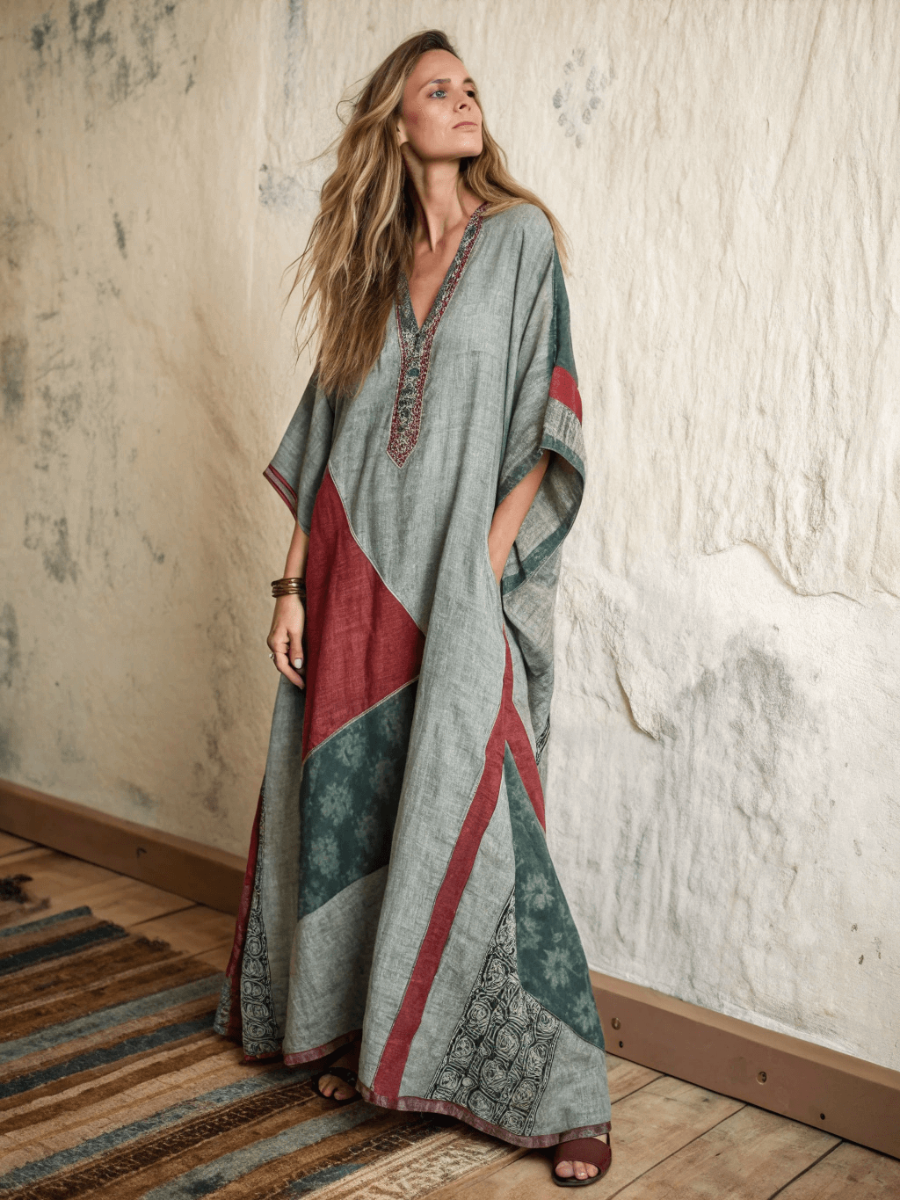 Linen Printed Kaftan Maxi Dress
