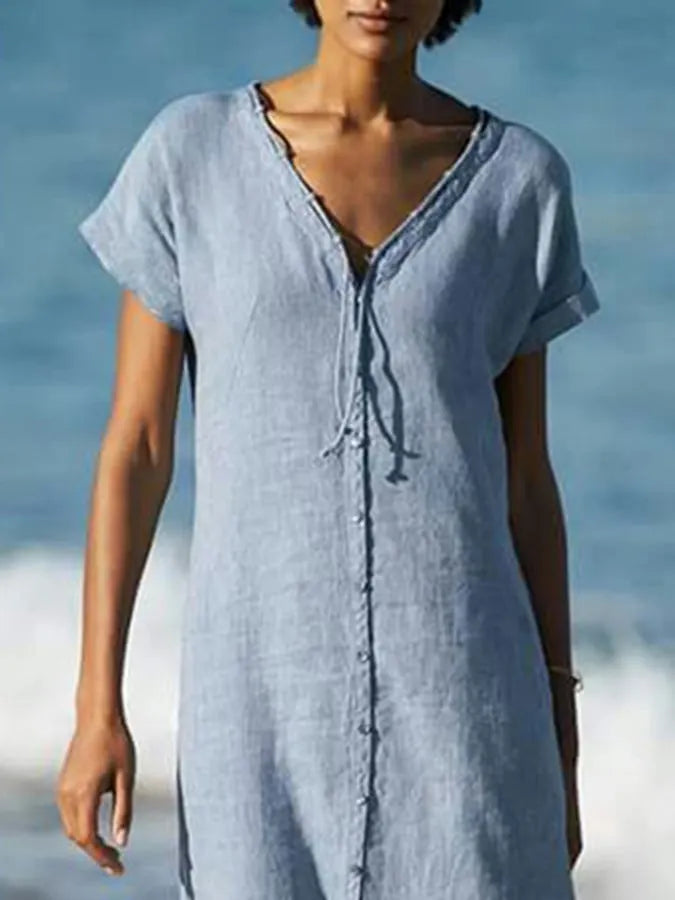 Ladies V-Neck Slit Buttoned Cotton And Linen Dress