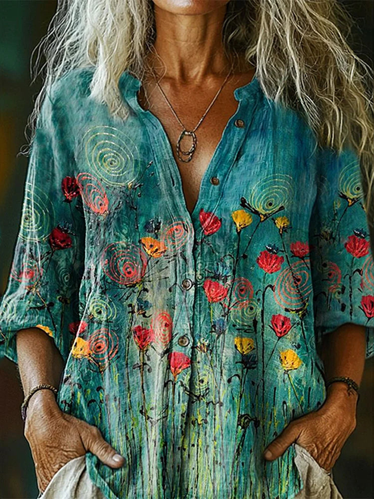 Women's Floral Art Long Sleeve Casual Linen Henley Collar Shirt
