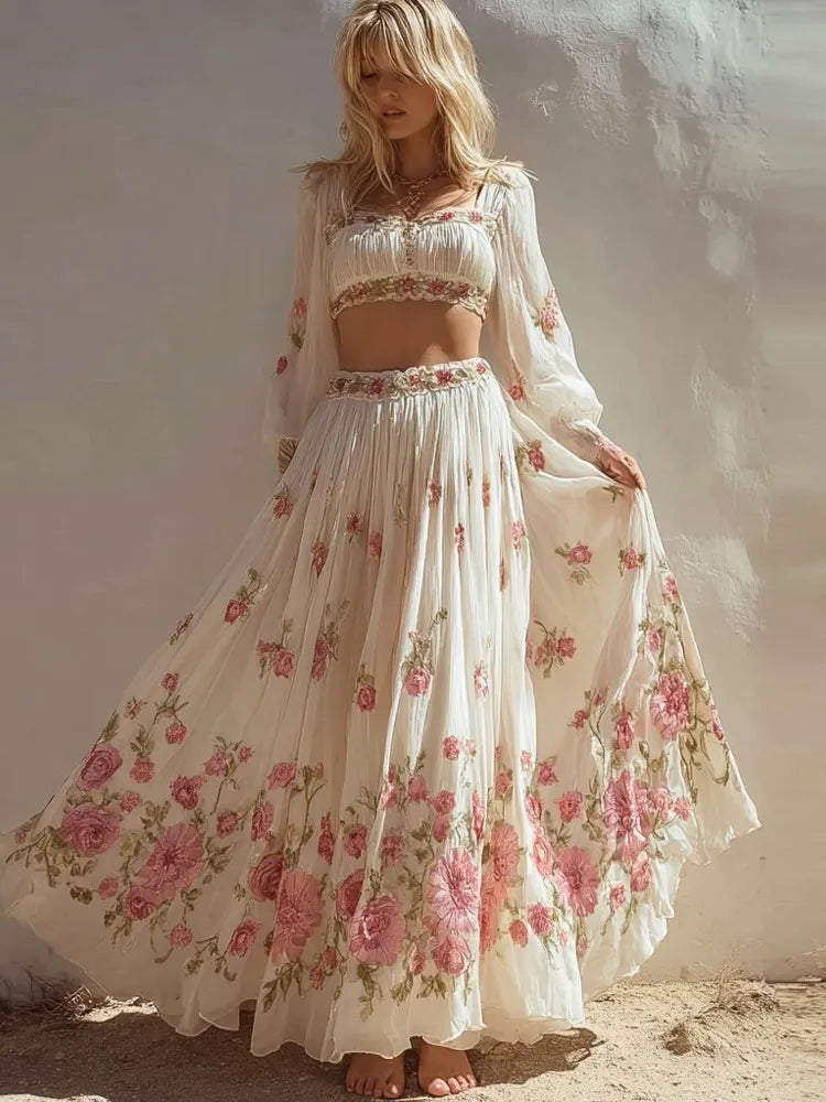 Vintage Boho Roses Art Pattern Flowy Linen Skirt