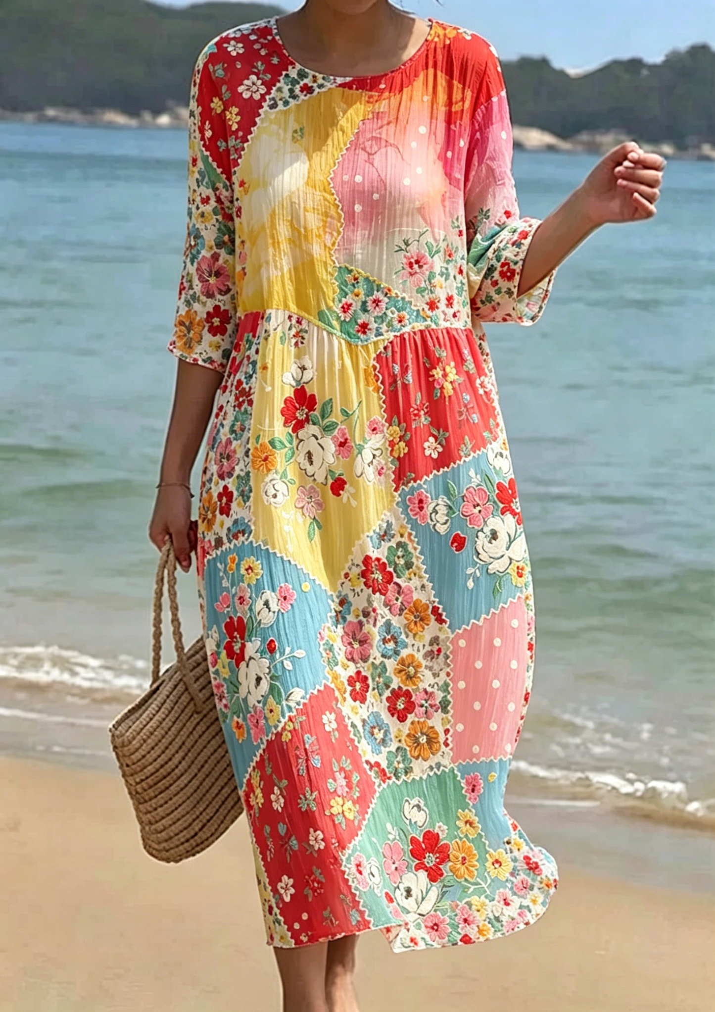 Women's Floral Embroidered Smocked Waist Midi Dress