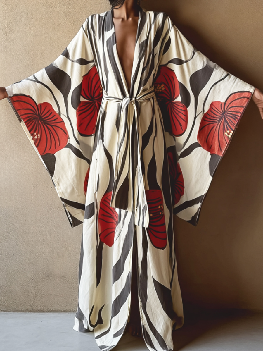 Women's Red Floral Kimono Linen Robe (Including Belt)