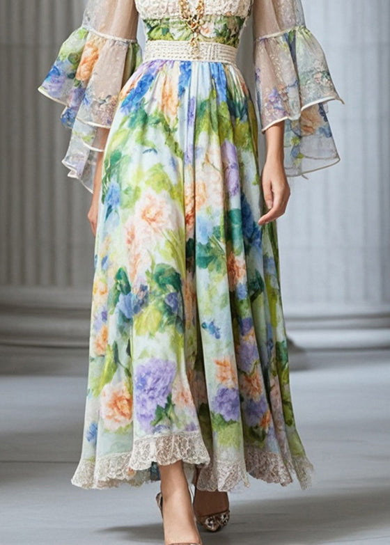 Women Square Collar Print Chiffon Vacation Dresses