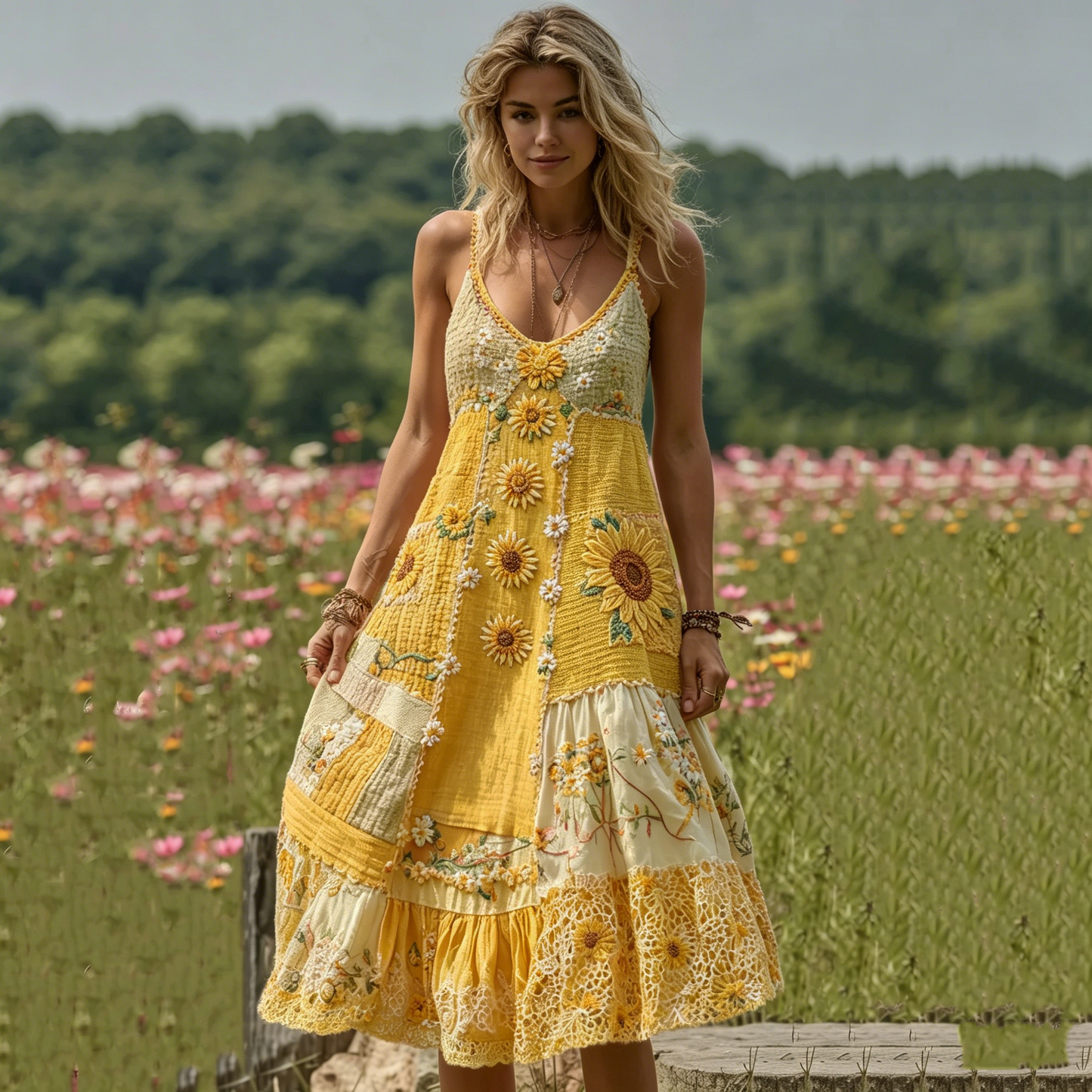 Women's Embroidered Quilted Patch Floral Maxi Dress