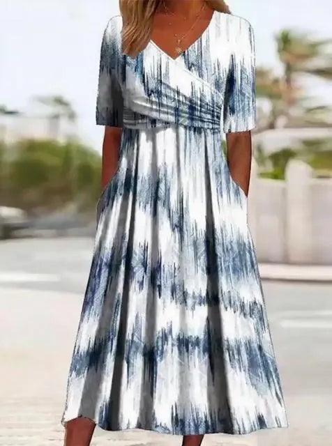 Women's Casual V-Neck Three-Quarter Sleeve Gradient Print Dress