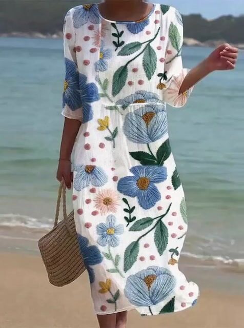 Women's Casual Round Neck Mid Sleeve Print Cotton and Linen Dress