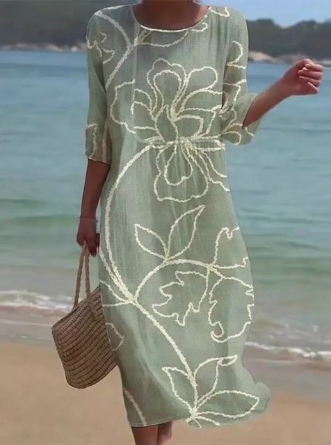 Women's Casual Round Neck Mid Sleeve Print Cotton and Linen Dress