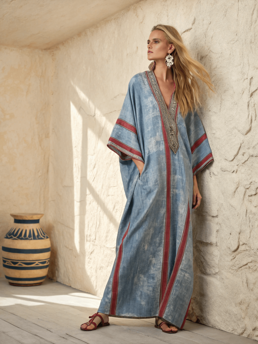 Linen Printed Kaftan Maxi Dress