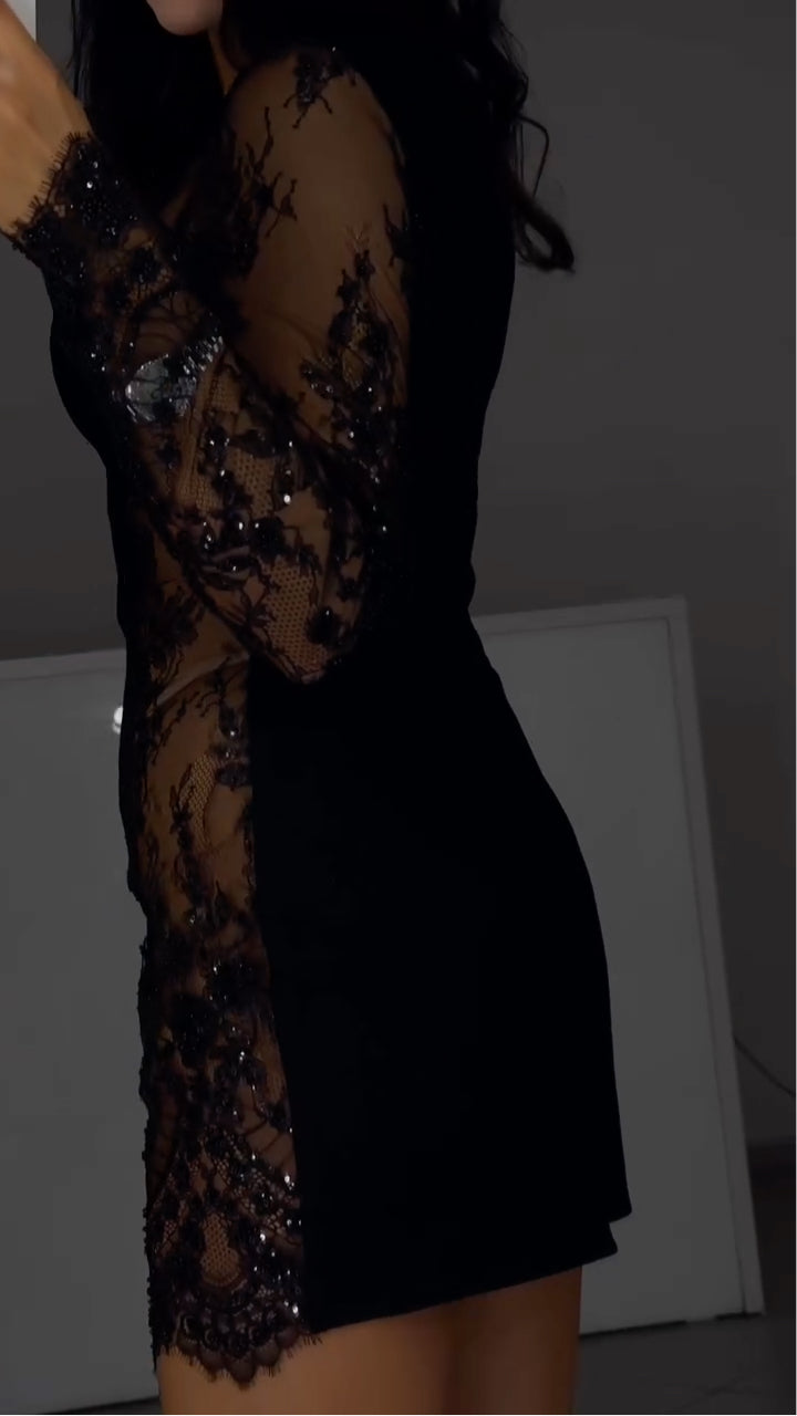 Black Round Neck Lace Asymmetrical Mini Dress