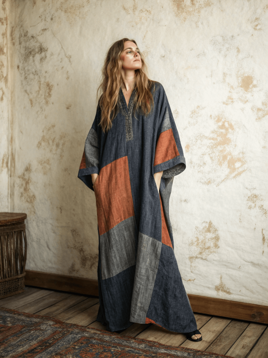 Linen Printed Kaftan Maxi Dress