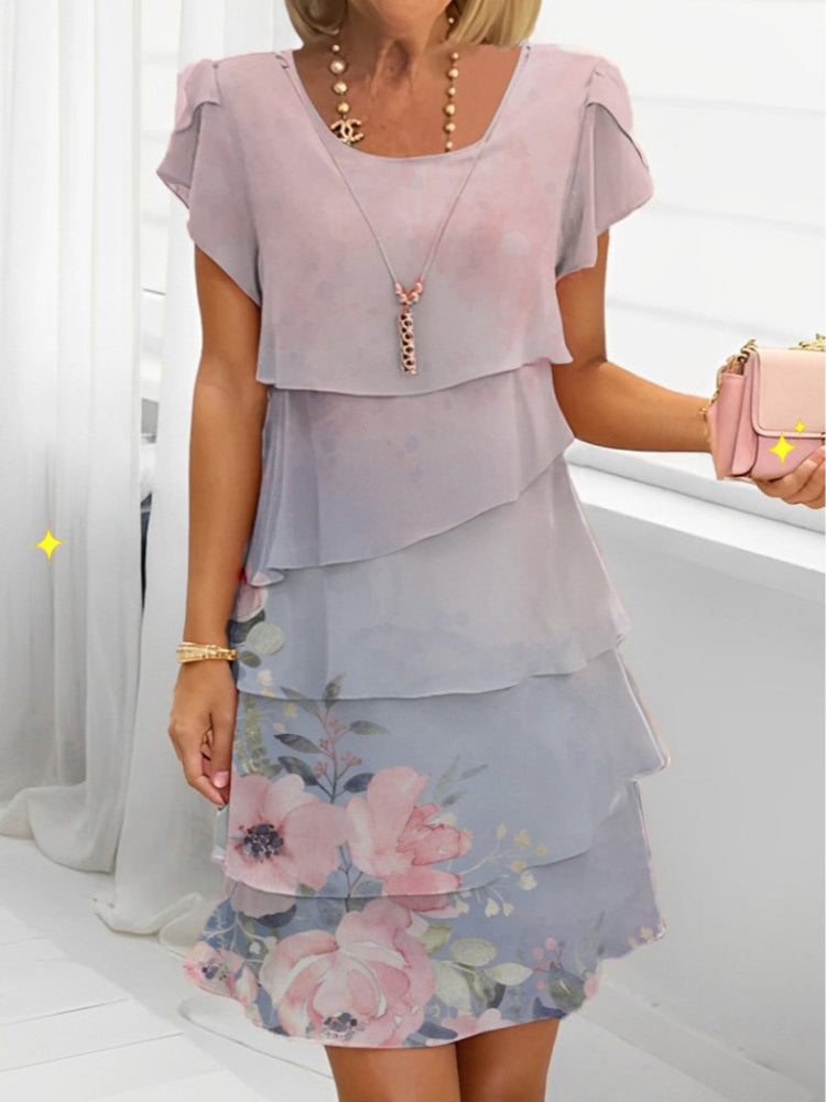 Gradient Flower Art Print Crew Neck Multi Layered Midi Dress