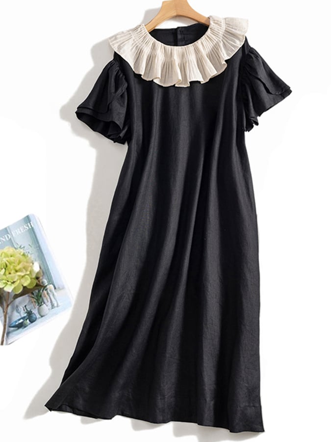 Cotton And Linen Doll Neck Flared Sleeves Ruffled Collar Vintage Dress