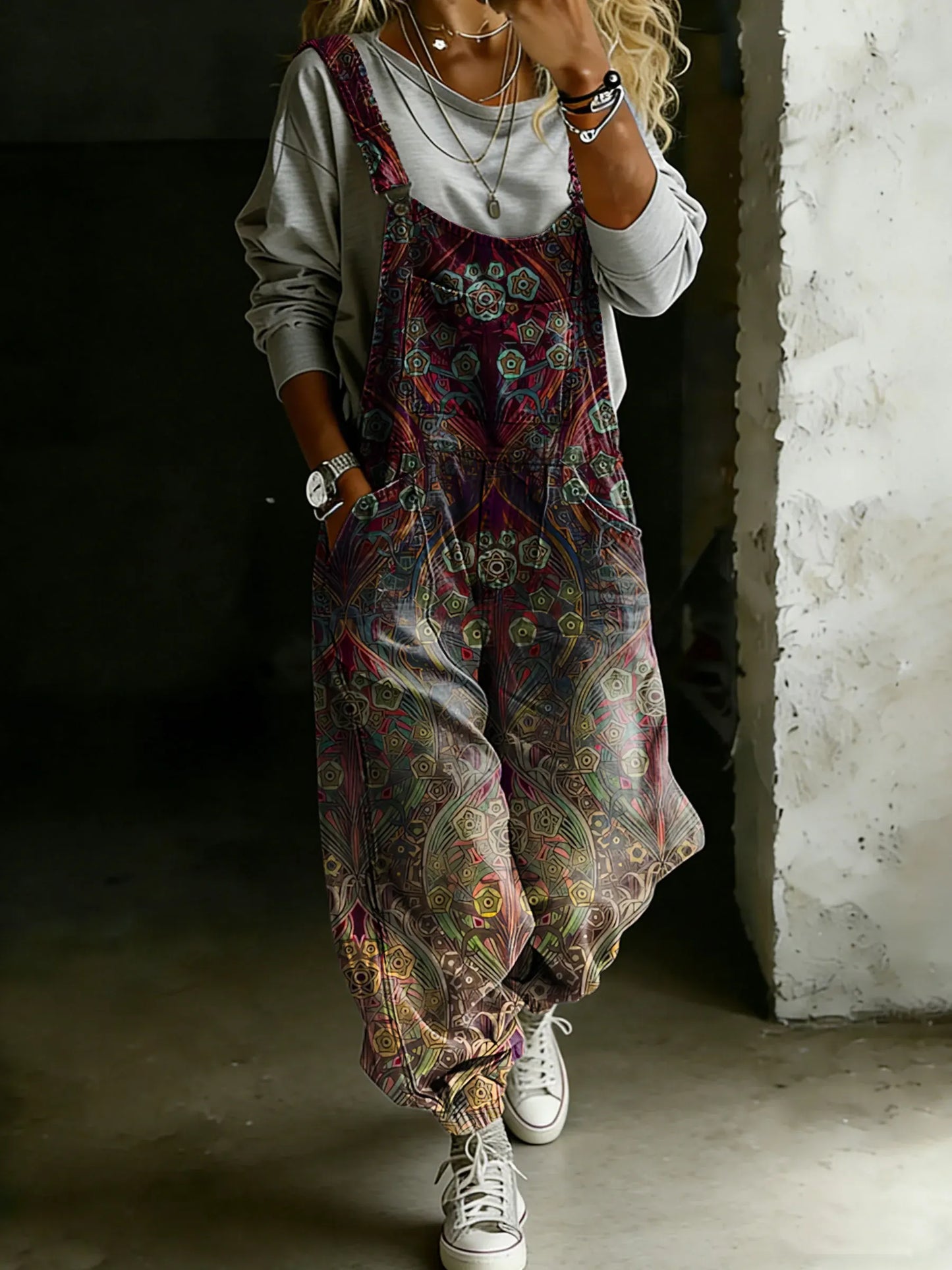 Women’s Vintage Ethnic Art Print Casual One Piece Denim Jumpsuit