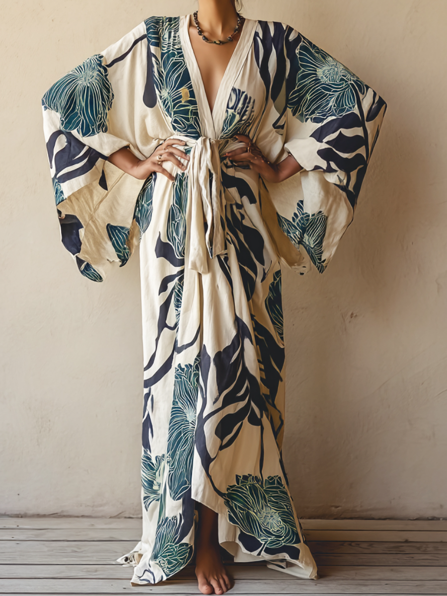 Women's Blue Floral Kimono Linen Robe (Including Belt)