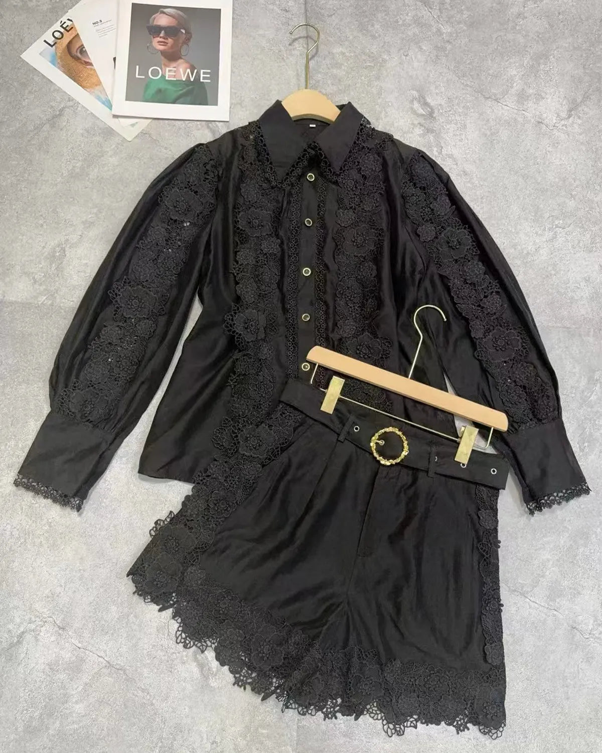 Elegant Fashion Lace Hollow Embroidery Splicing Cotton Lapel Short-Sleeved Shirt Pants Suit Brand 1:1 Replication