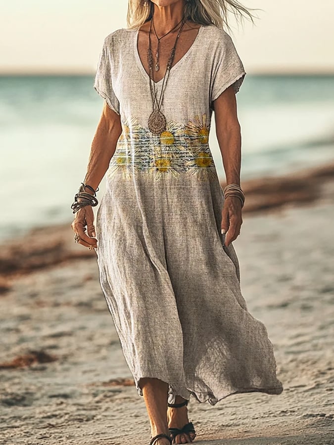 Women's Casual V-Neck Cotton And Linen Short-Sleeved Dress