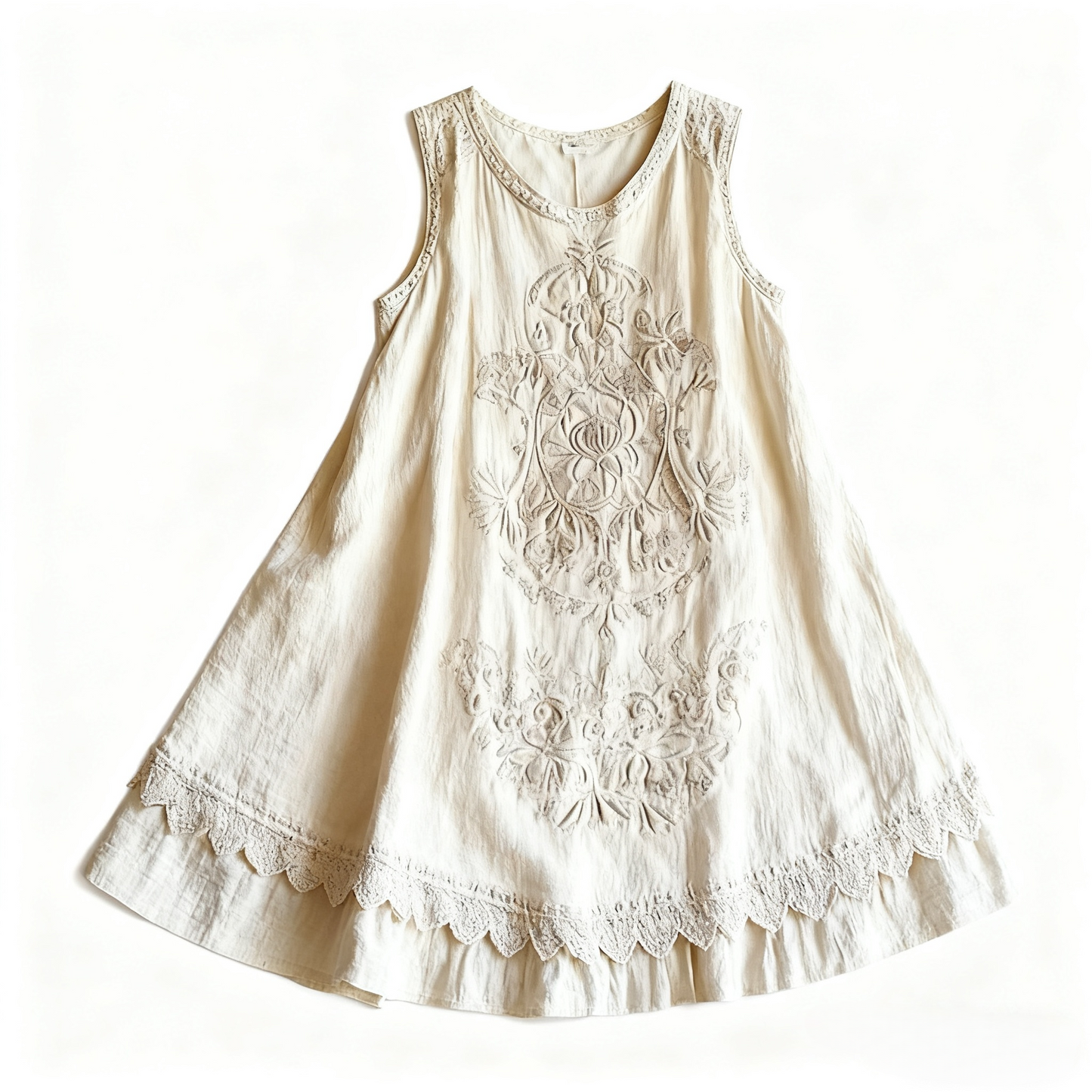 Vintage Floral Embroidered Linen Tank Dress | Scalloped Lace Hem