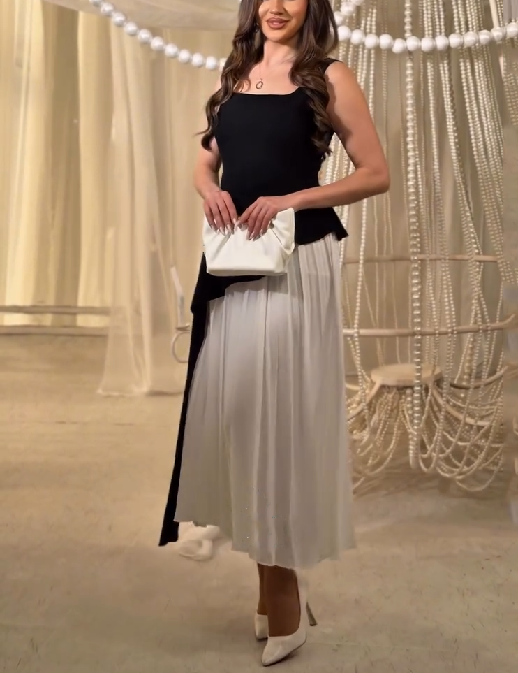 Black & White Asymmetric Peplum Pleated Midi Dress