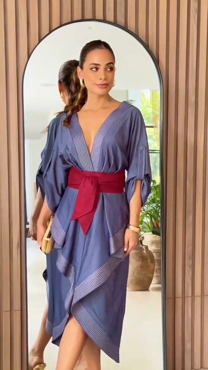 Casual Contrast Stitching Wrap Midi Dress