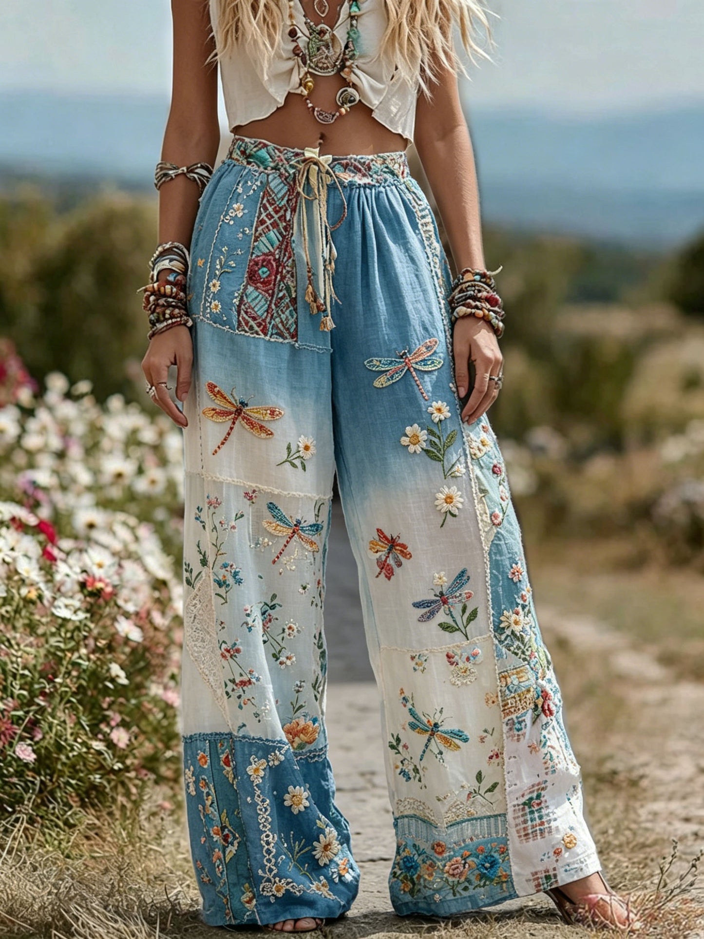 Women's Dragonfly & Floral Embroidered Ombre Patchwork Boho Wide Leg Pants