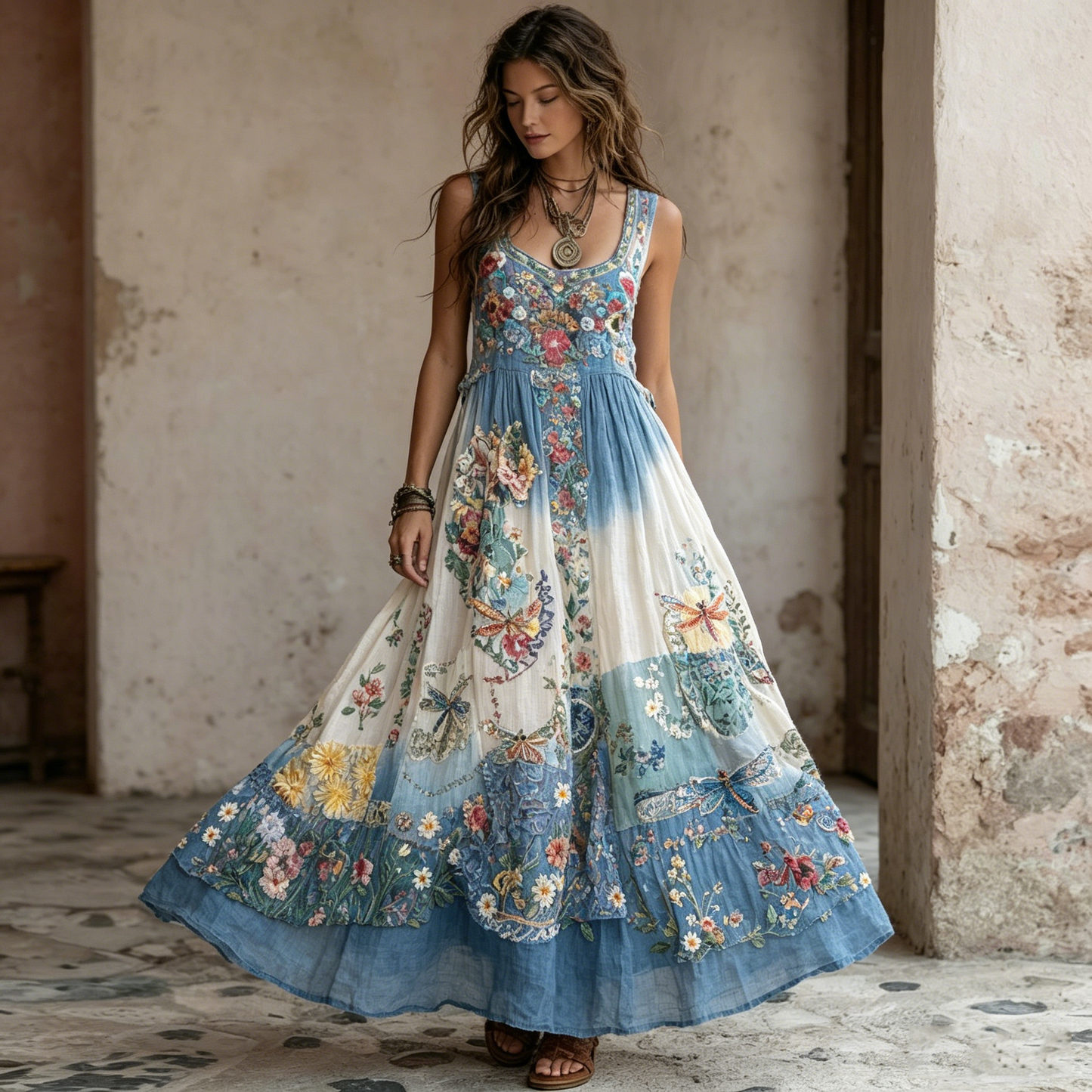 Women's Patchwork Dragonfly & Floral Embroidered Boho Maxi Dress