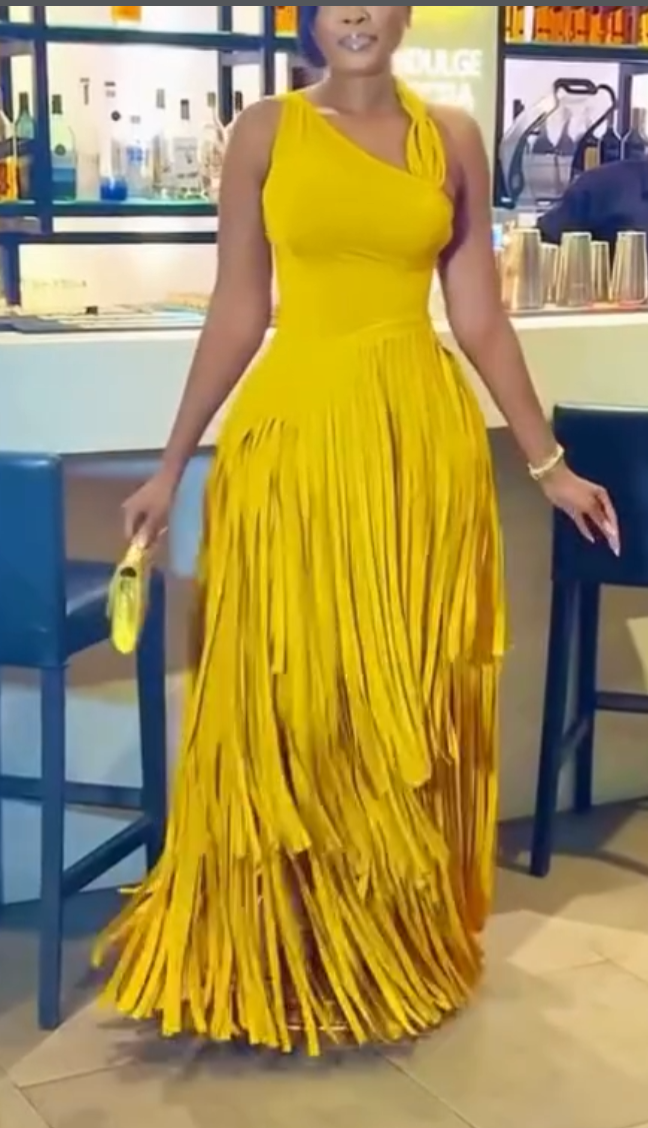 Asymmetrical Neckline Bodycon Fringe Maxi Dress