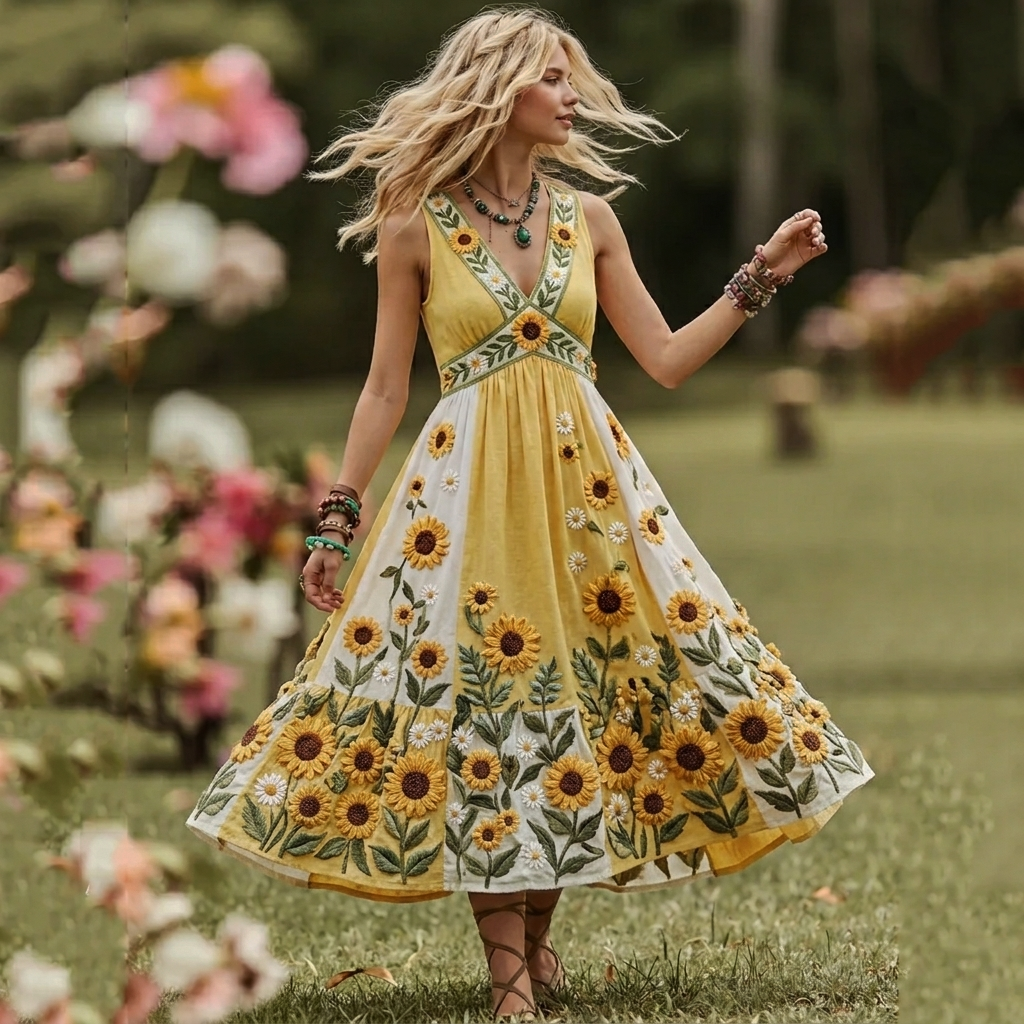 🌻 Women's Sunflower Embroidered Boho Midi Dress