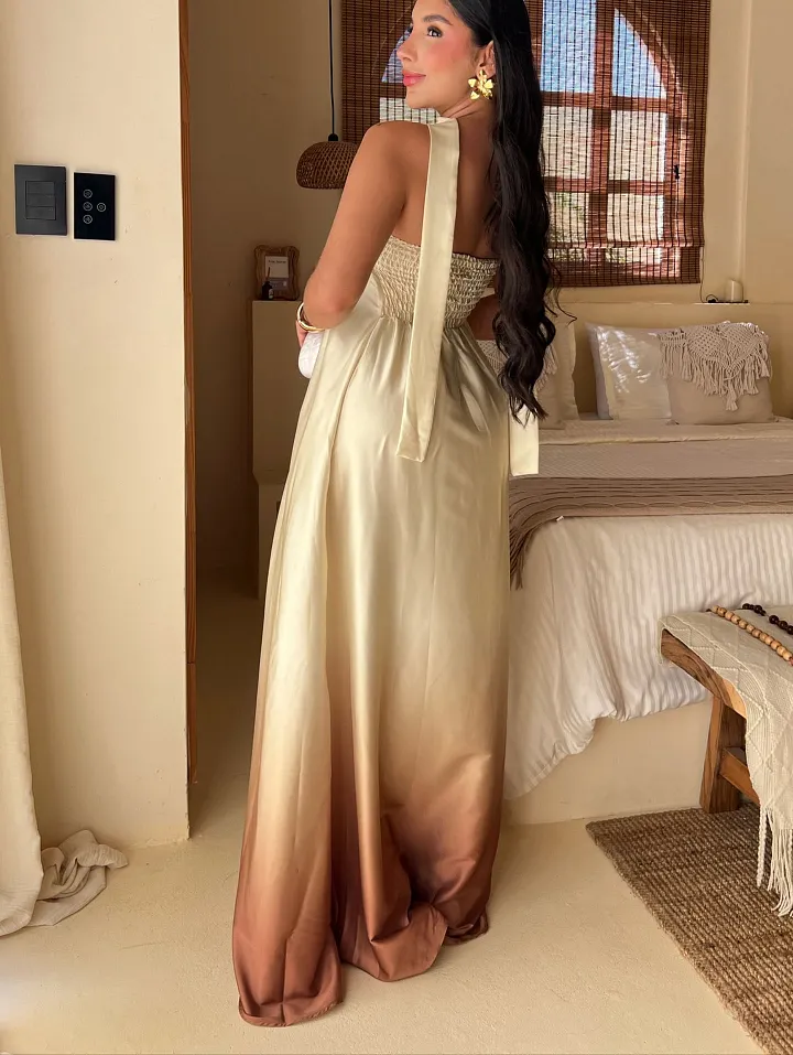 Teal Floral Satin Strapless Maxi Dress with Halter Tie