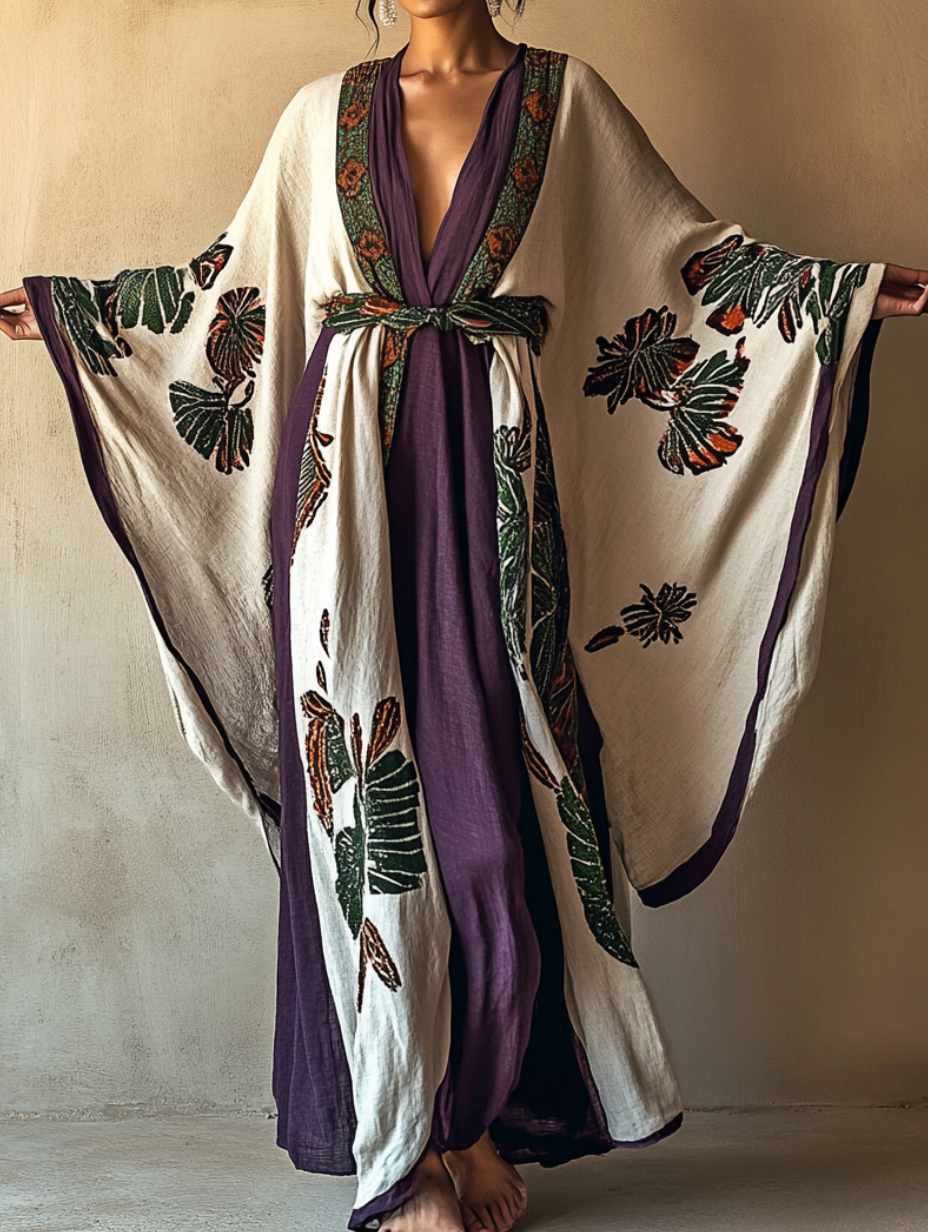 Women's Purple Apricot Leaf Kimono Linen Robe (Including Belt)