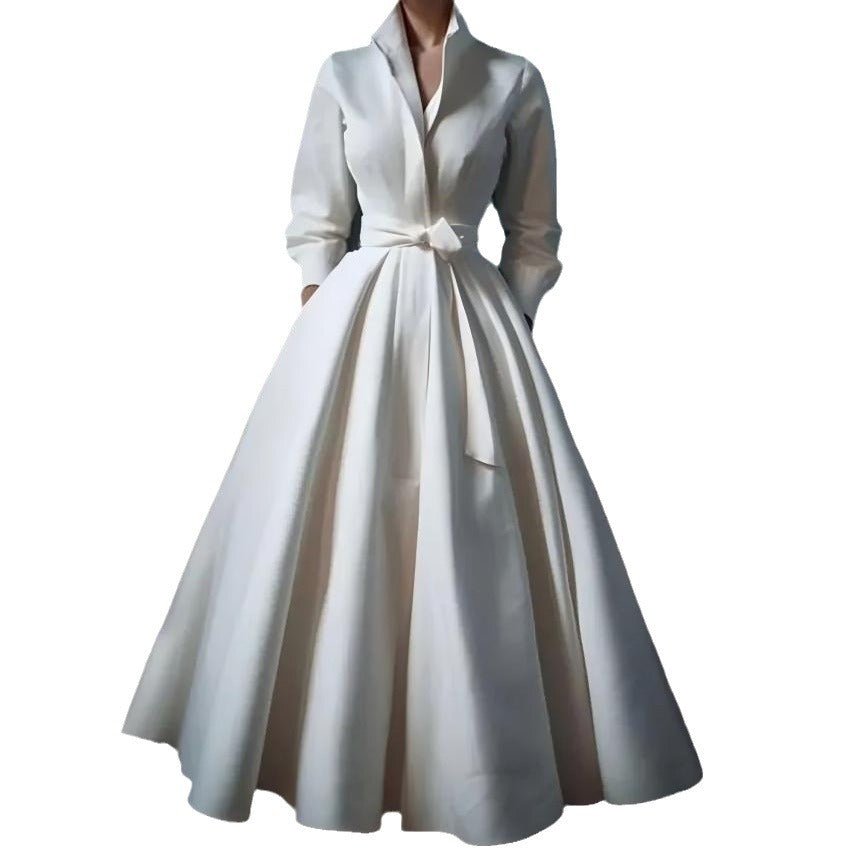 Women's Fashion Retro Stand Collar Elegant V Neck Party Evening Maxi Dresses