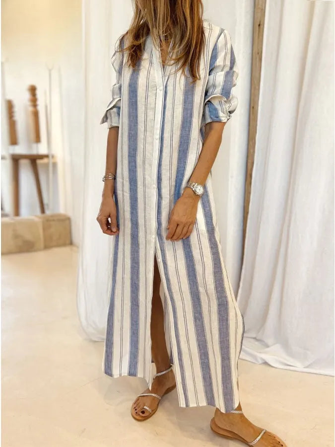 Women's Casual V-neck Long Sleeve Striped Print Contrast Color Cotton and Linen Dress