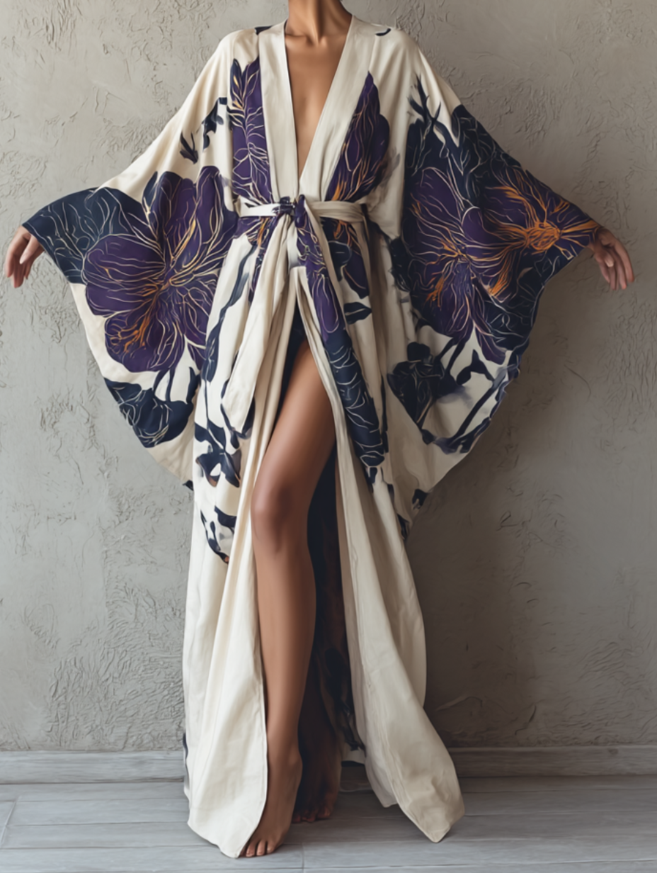 Women's Violet Flower Kimono Linen Robe (Including Belt)