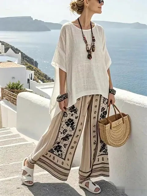 Women'S Casual Round Neck Cotton And Linen Vacation Two-Piece Set