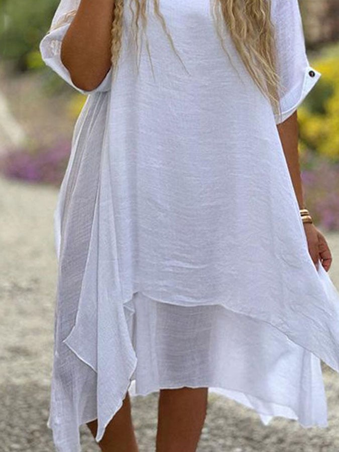Women'S Casual Solid Color Round Neck Mid Sleeve Splicing Dress