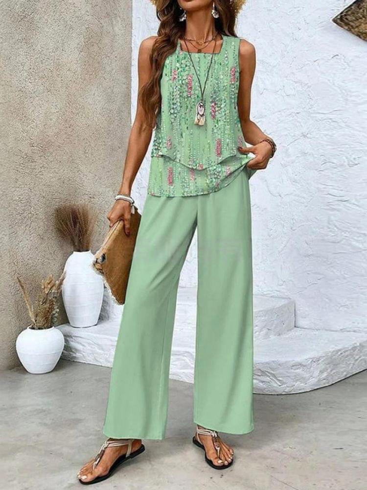 Women's Floral Two-Piece Set Daily Sleeveless Casual Summer Top With Pants Matching Set