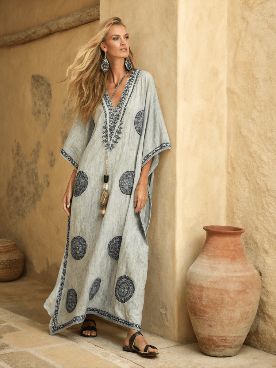 Linen Printed Kaftan Maxi Dress
