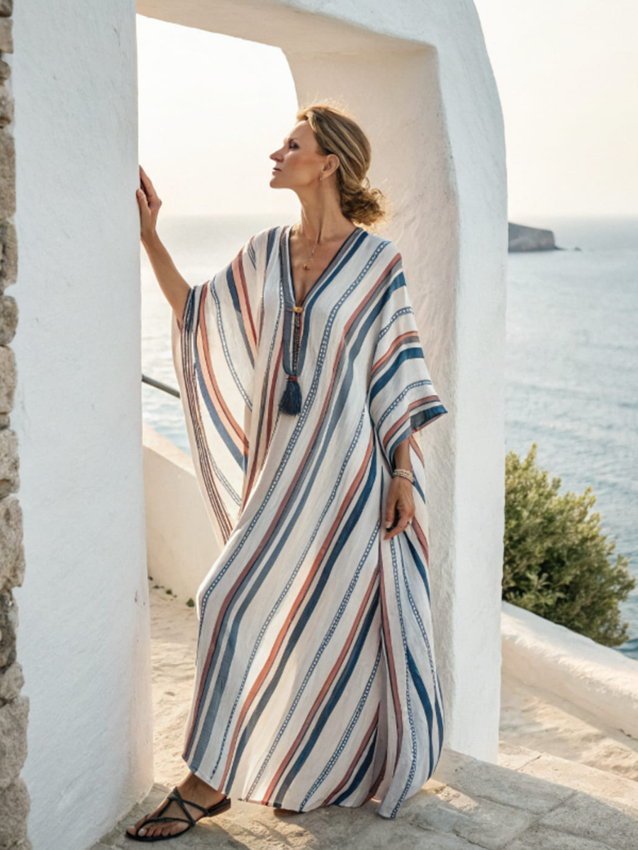 Contton & Linen Long Sleeve Kaftan Maxi Dress