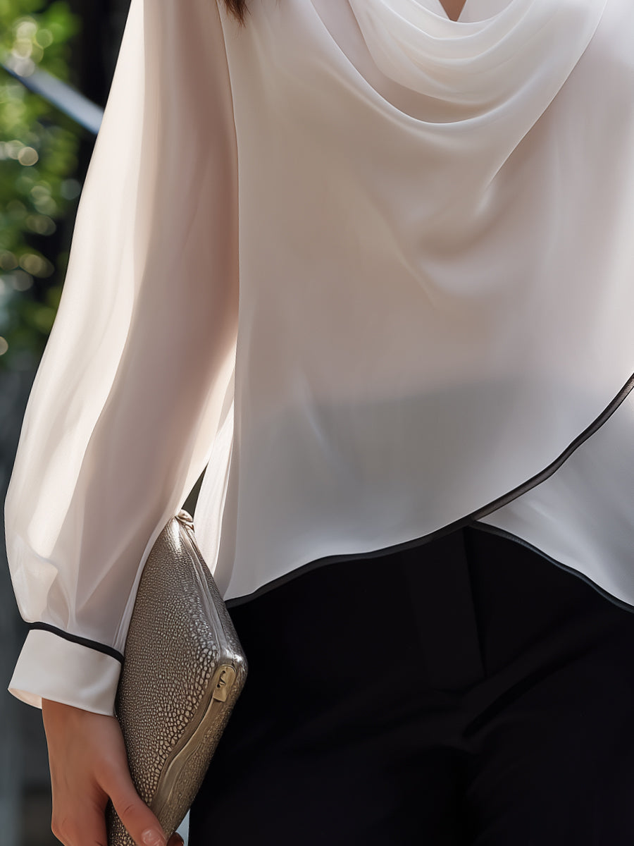 Draped Cowl Neck Piping Trim Sheer Sleeve Blouse