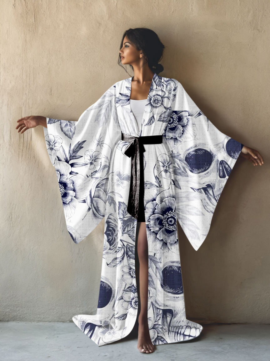 Skeleton Art Kimono Long Gown Robe With Belt