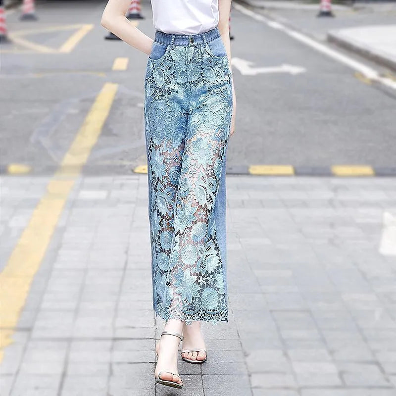Lace-patched Straight-leg Jeans