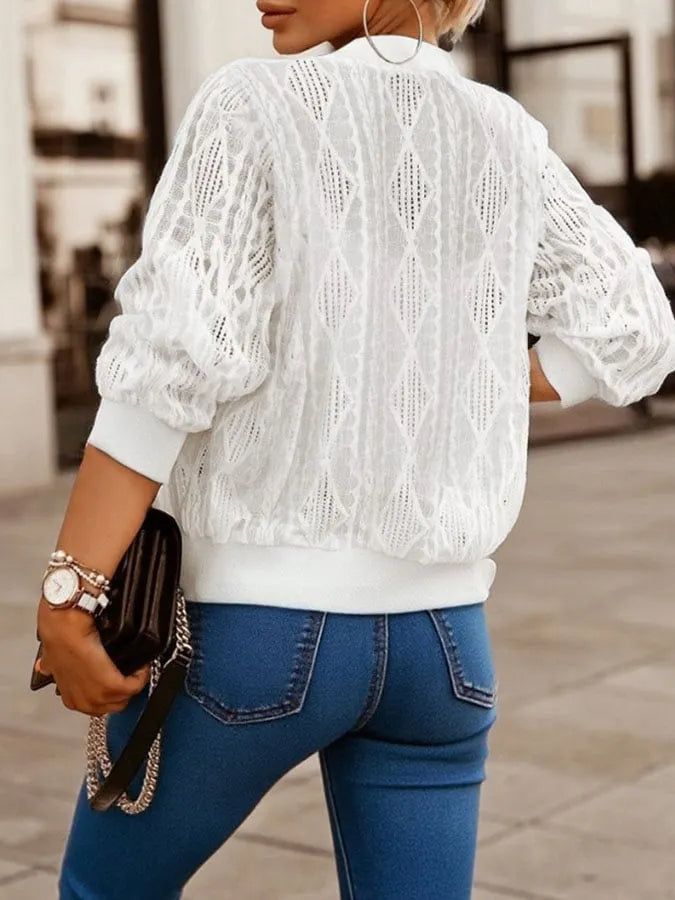 Ladies Lace Jacquard Hollow Zipper Short Jacket