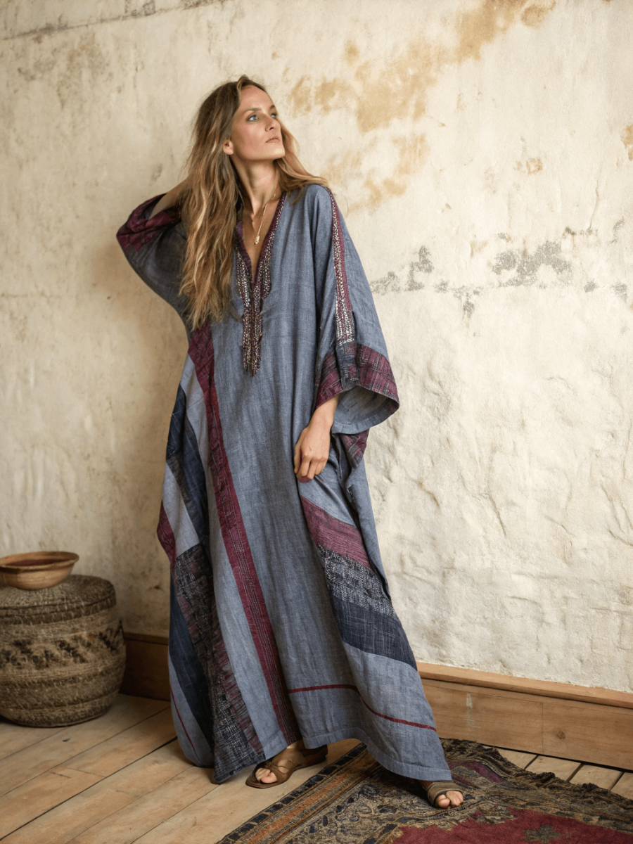 Linen Printed Kaftan Maxi Dress