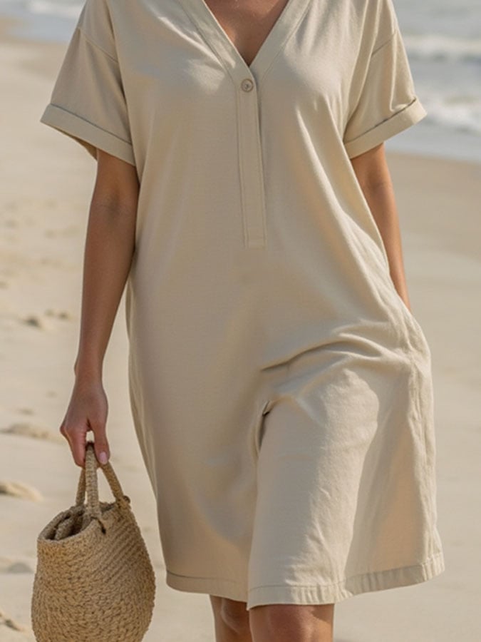 Women's Casual Solid Color V-Neck Loose Short Sleeve Dress